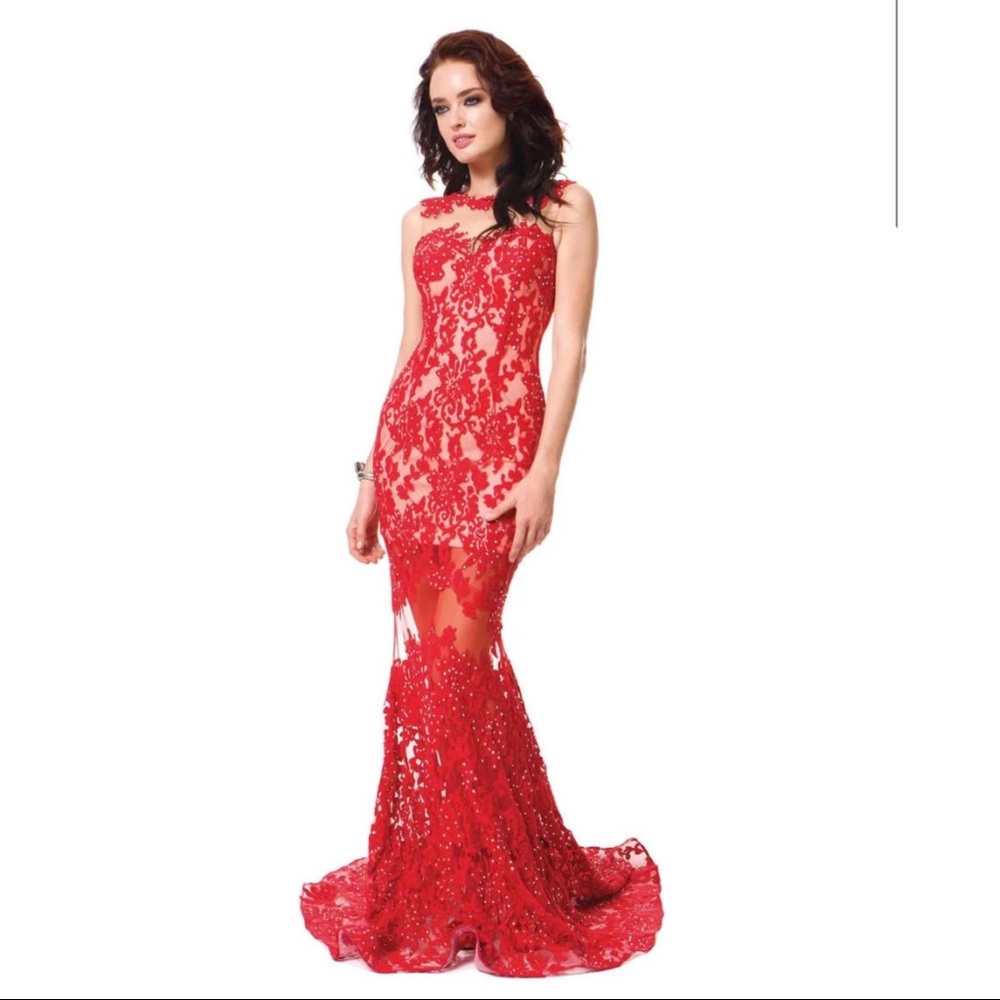 Red floral lace gown with Swarovski crystals